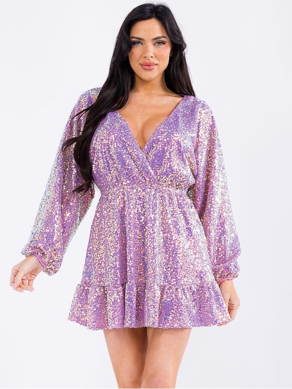 Strut & Bolt | Estella Long Sleeve Surplice Sequin Mini Dress Lilac Purple New